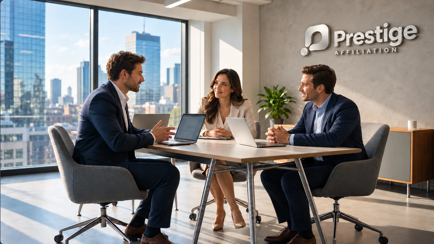 Scena illustrativa di una riunione in un ufficio moderno, con il logo Prestige Affiliation sulla parete.
